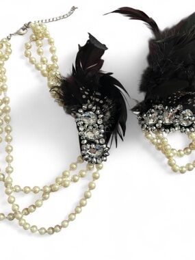 Vintage Pearl and Black Feather Necklace and bracelet set  with Crystal Accents